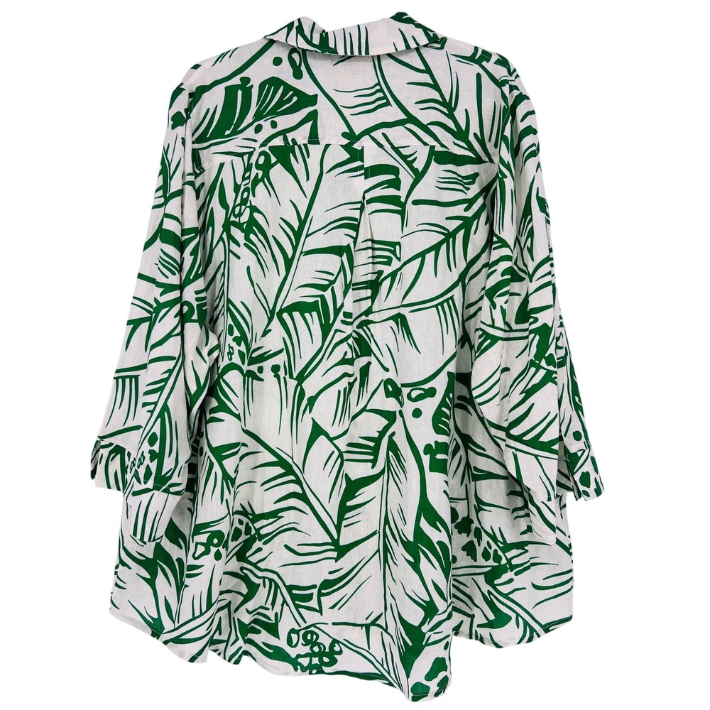 Christian Siriano Button Down Women 3X Green Tropical Palm Linen Blend Top Coast - Picture 2 of 4